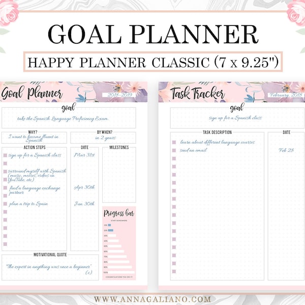 Happy Planner Inserts Printable, Goal Planner Printable, Goal Setting, Task Tracker, Goals Inserts, Dot Grid, Happy Planner, Mambi classic