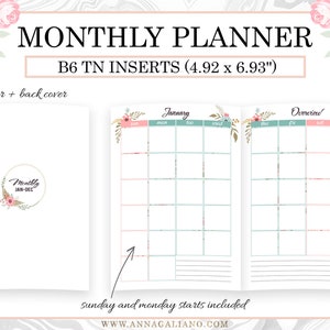 May include: A floral-themed monthly planner with a cover and back cover. The planner includes a monthly calendar and an overview page. The planner is designed for a B6 traveller's notebook and measures 4.92 inches by 6.93 inches. The text "Sunday and Monday starts included" is printed below the planner.
