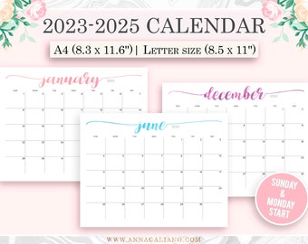 Calendrier mural imprimable, 2023, 2024, 2025 calendrier imprimable, calendrier aquarelle de lettrage, calendrier de bureau, planificateur de bureau, A4, lettre