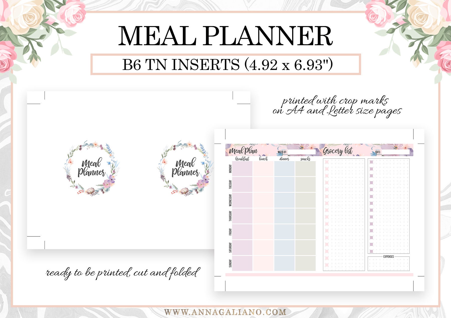 B6 TN Inserts, Printable Travelers Notebook Inserts, Weekly Meal ...