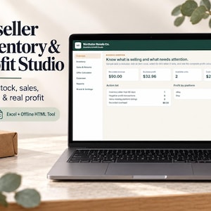 Op de afbeelding: Een laptop met de interface van de Reseller Inventory & Profit Studio software, voorzien van een dashboard met verkoopgegevens, winstcijfers en een actielijst. Op het scherm staat onder andere de tekst Recorded revenue $90.00 en Business profit $32.96.