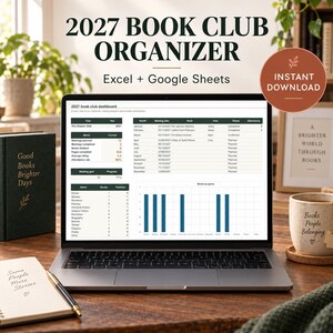 May include: A digital 2027 book club organizer displayed on a laptop screen, featuring an Excel and Google Sheets dashboard with meeting schedules, reading goals, and book genre charts. The interface includes columns for dates, hosts, and status.