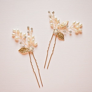 Bridal hair pins, Leaf hair pins, Gold hair pins, Pearl hair pins, Flower hair pins, Gold bridal headpiece, "Laney Pins"