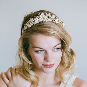 Gold Bridal Tiara, Wedding Tiara, Gold Bridal Crown, Gold Leaf Crown, Rhinestone Crown, Bride Tiara, "Eleanor"