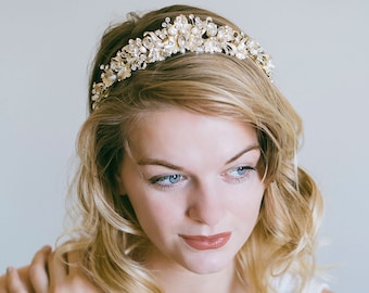 Gold Bridal Tiara, Wedding Tiara, Gold Bridal Crown, Gold Leaf Crown, Rhinestone Crown, Bride Tiara, "Eleanor"