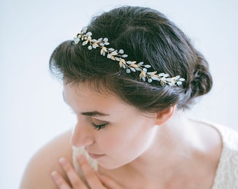 Gold Bridal Hair Vine, Gold Leaf Hair Vine, Leaf Wreath, Gold Headband, Gold hair vine, Crystal Hair Vine, Bride Hair Accessories