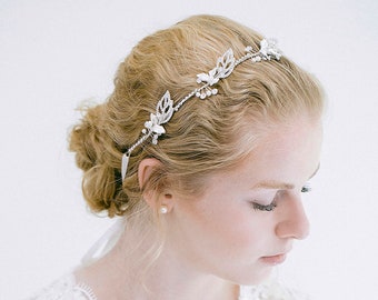 Bridal Silver Pearl Crystal Rhinestone Headband, Bridal Silver Headband, Crystal Headband,  Crystal Pearl Hair, Bride Headband, "Camille"