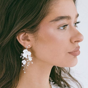 Bridal Crystal Pearl Branch Floral Earrings, Wedding White Flower Earrings, Bridal Dangle Earrings, Flower Earrings, "Janice"