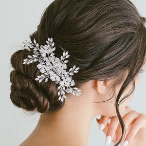 Rhinestone Leaf Wedding Bridal Side Comb, Silver Crystal Bridal Hair Comb, Crystal Leaf Hair Comb, CZ Crystal Hair Accessories, &quot;Miracle&quot;