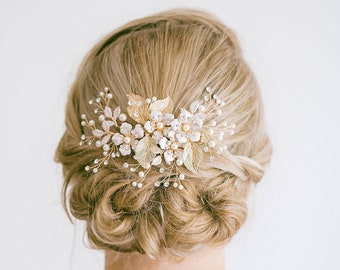 Bridal Gold Flower Pearl Crystal Hair Comb, Gold Hair Comb, Gold headpiece, Bridal Hair Comb, Bridal Back Comb, "Sonny"