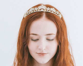 Bridal Crown Tiara Hair Down Gold Rose Gold Silver, Wedding Crown Headband, Bridal Tiara, Wedding Headpiece, Bridal CZ Crown, "Vienna"