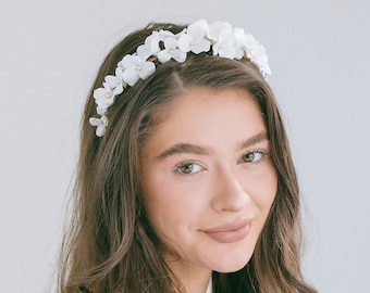 White Flower Wedding Headband Tiara, Statement Wedding Tiara, Wedding Floral Crown, Bridal Flower Tiara, Wedding Flower Headband, "Quinn"