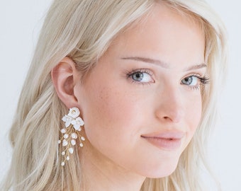 White Flower Pearl Spray Earrings, Bridal Floral Drop Earrings, Natural Freshwater Pearl Earrings, Bridal Dangle Earrings, "Chelsea"