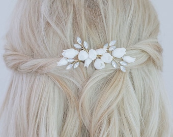 Bridal White Flower Hair Comb • Opal Wedding Hair Comb • Bridal Floral Hair Accessories • Opal Crystal Comb • Floral Hair Vine • "Jodie"