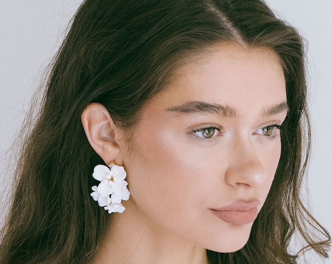 White Floral Chandelier Earrings: Porcelain Flower Bridal Dangle