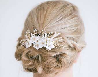 Bridal Floral Hair Comb, Ivory Flower Hair Comb, Bridal Hair Flower, Flower Hair Vine, White Flower Comb, Gold Flower Hair Comb, “Camellia”