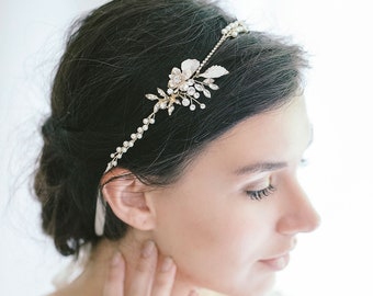 Bridal Pearl Crystal Floral Headband, Gold Bridal Headband, Gold Floral Wedding Headband, Wedding Headband, Wedding Hair, "Shiloh"