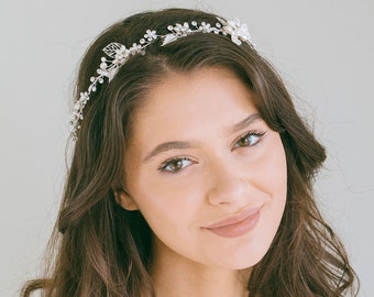 Bridal Full Halo Crystal Pearl, Floral Full Halo Crown, Rhinestone Hair Halo, Floral Hair Vine, Boho Hair Vine, "Petra"