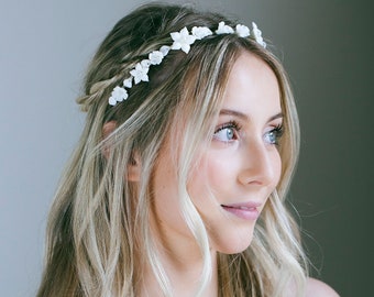 White Clay Flower Headband, Floral Full Halo Crown, Elegant Handcrafted Hair Halo, Floral Hair Vine, Wedding Hairpiece, Prom Hair, "Chrissi"