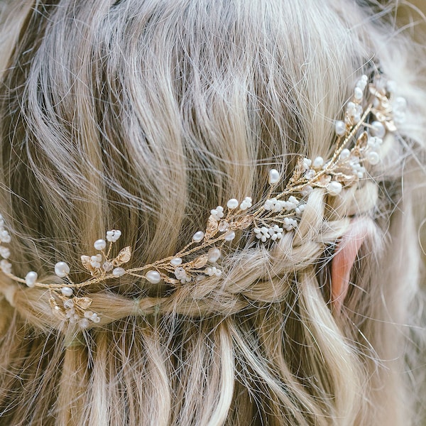 Pearl Leaf Crystal Hair Vine, BOHO Crystal Hair Vine, Gold Bridal Wreath, Pearl Hair Vine, Leaf Hair Vine, Wedding Hair Accessory, "Hannah"