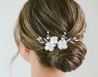 Bridal White Flower Crystal Pearl Hair Pin, Bridal Rhinestone Pins, Flower Girl Hair Accessories, Wedding Hair Pins, &quot;Joy Pins&quot;