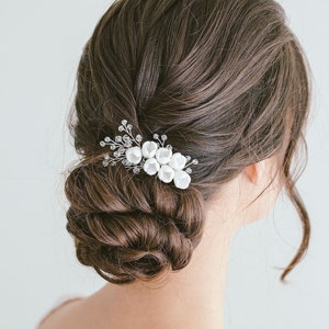 Bridal Rose Bud Hair Side Comb, Clay Flower Comb, Side Flower Comb, White Flower Hair Comb, Bridal Headpiece, Wedding Side Comb, &quot;Eloise&quot;