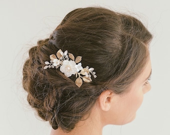 Bridal Hair Comb Gold Flower Side Comb, Bridal Hair Accessories, Floral Hair Comb, Bridal Hair Vine, Rhinestone Hair Comb, "Lydia"