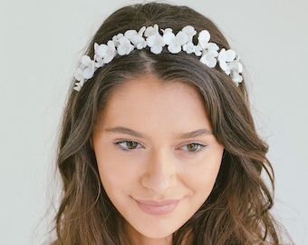 White Flower Headband Tiara, Flower Girl Headband, Wedding Floral Headband, Bridal Flower Tiara, Wedding Hair Accessory, "Christine"