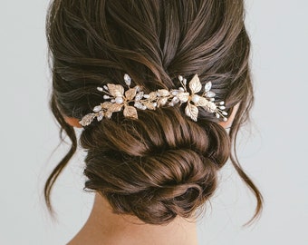 Bridal Gold Leaf Crystal Hair Pins | Gold Leaf Hair Pins | Gold Hair Pins | Floral Hair Pins | Bridesmaid Hair Pins, "Zelda"