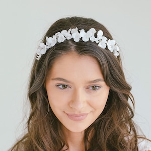 White Flower Headband Tiara, Flower Girl Headband, Wedding Floral Headband, Bridal Flower Tiara, Wedding Hair Accessory, &quot;Christine&quot;