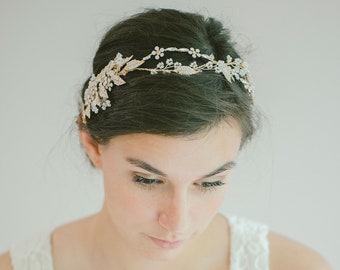 Bridal Gold Crystal Headband Tiara Soft Crown, Bridal Flower Headband, Bridal Gold Tiara, Bridal Flower Crown, BOHO Headband, "Avya"