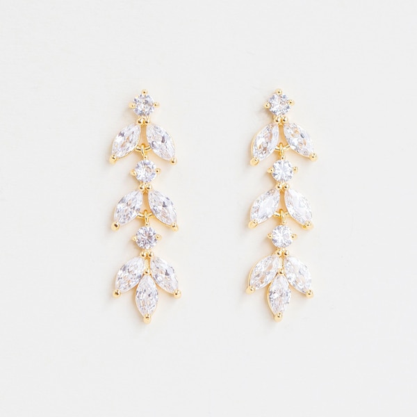 Bridal Gold Leaf Crystal Earrings, Bridal Dangle Earrings, Wedding Earrings, Bridesmaid Earrings, CZ Bridal Jewelry, "Adela"