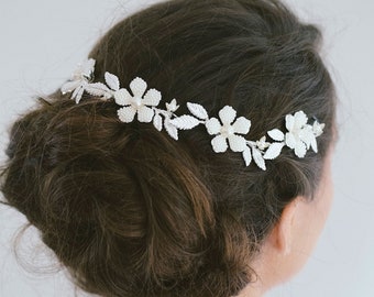 Silver Floral Hair Vine, Bridal Headband, Floral Hair Vine, Silver Pearl Hair Vine, Bridal Up-do, Hair Accessories, "Heidi"