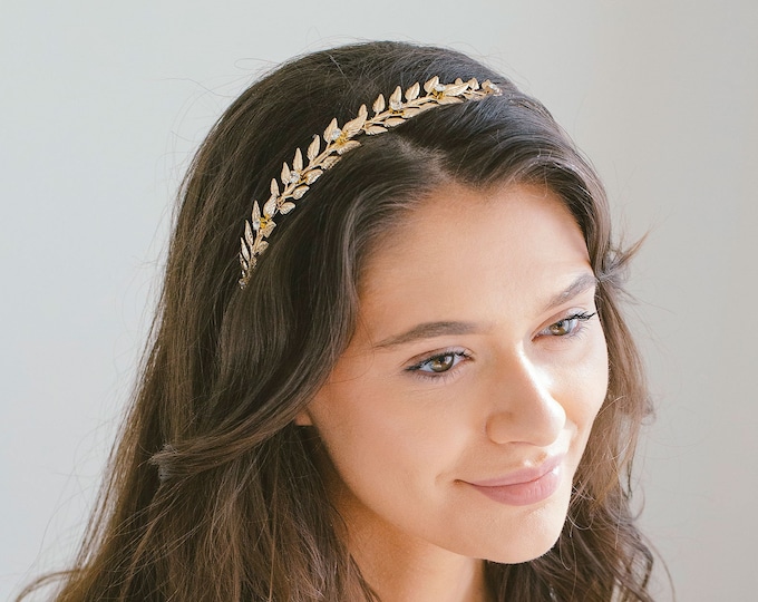 Gold Leaf Crystal Headband, Gold Leaf Hair Vine, Wedding Leaf Crown