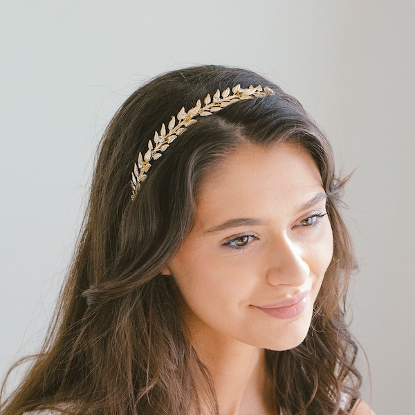 Gold Leaf Crystal Headband, Gold Leaf Hair Vine, Wedding Leaf Crown, Boho Wedding Headpiece, Bridal Tiara Crown, "Lilith"