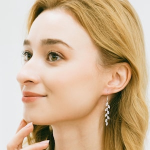 Bridal Leaf Dangle Earrings, Wedding Drop Earrings, Crystal Long Leaf Earrings, Bridesmaid Earrings, Bridal Wedding Jewelry, "Valeria"