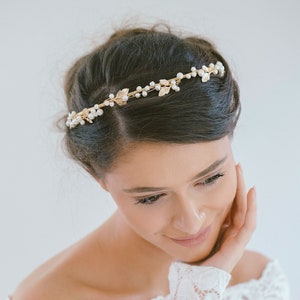 Bridal Gold Leaf Pearl Headband, Gold Leaf Hair Vine, Gold Leaf Headband, Bridal Hair Accessories, Pearl Hair Vine,  &quot;Deborah&quot;