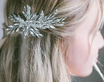 Silver Leaf Hair Clip, Wedding Hair Clip, Bridal Hair Comb, Wedding Back Comb, Rhinestone Hair Comb, "Trinity"