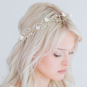 Gold Floral Crystal Hair Vine, BOHO Flower Hair Vine, Gold Leaf Hair Vine, Flower Ribbon Hair Vine, Rhinestone Hair Vine, &quot;Rosalie&quot;