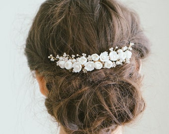 Princess Bridal Floral Hair Comb, White Clay Flowers Hair Comb, Bridal Hair Flower, Flower Hair Vine, White Flower Comb, "Maria"