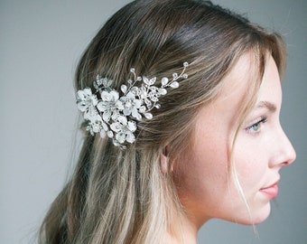 White Floral Bridal Hair Clip, Crystal Statement Hair Clip, Pearl Bridal Hair Clip, Rhinestone Hair Clip, Wedding Hair Accessories, Ellie"