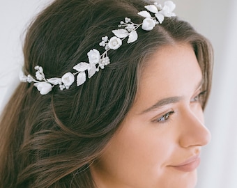 Romantic Floral Hair Vine, BOHO Hair Vine, Full Halo Crystal Crown, Flower Ribbon Hair Vine, Rhinestone Halo, Floral Hair Vine, "Celeste"