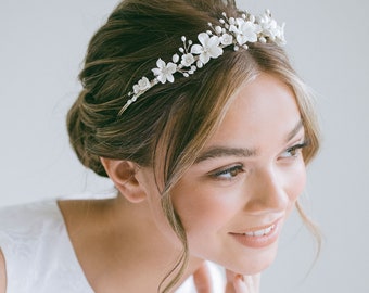 Bridal Champagne Flower Tiara, Ivory Flower Crown, Bridal Flower Wreath, Bridal Gold Headband, Bridal Champagne Beige Headpiece, "Kaitlyn"