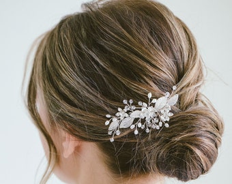 Bridal Rose Gold Hair Clip, Wedding Silver Pearl Headpiece, Vintage Hair Clip, Shiny Hair Clip, Rhinestone Floral Hair Piece, "Aurora Clip"