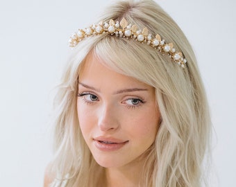 Gold Grecian Leaf Pearl Crown Headband, Nature Inspired Headband, Gold Tiara, Pearl Headband, Simple Wedding Crown, "Athena"