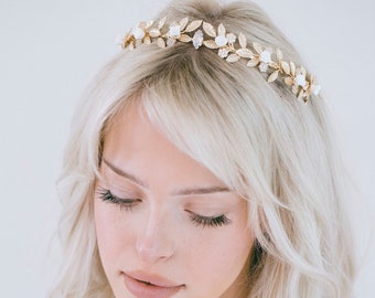 Bridal Grecian Leaf Flower Crown, Gold Grecian Tiara, Gold White Flower Headband, Bridal Floral Tiara, Bo-ho Wedding Crown, "Corinne"