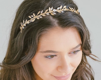 Bridal Gold Leaf Crystal Headband, Gold Leaf Hair Vine, Boho Wedding Headband, Bridal Simple Tiara, "Ruth"