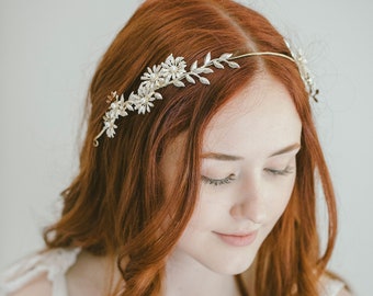 Bridal Flower Crown Headband, Bridal Flower Wreath, Wedding Flower Headband, Bridal Gold Crown, Bridal Champagne Beige, "Mila"
