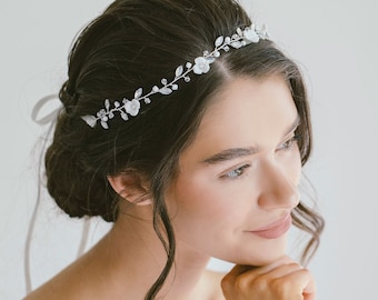 Flower Crystal Hair Vine, White Floral Hair Vine, Clay Flower Headband, Crystal Leaf Hair Vine, Flower Headband, Floral Hair Vine, "Thea"