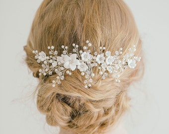 Bridal Hair Comb Pearl Flowers, Ivory Flower Hair Comb, Bridal Hair Flower, Flower Hair Vine, White Flower Comb, “Bryn”